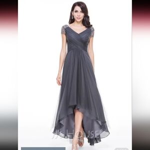 JJ's House A-line V-Neck Asymmetrical Tulle Evening Dress Beading Pleated Sequin
